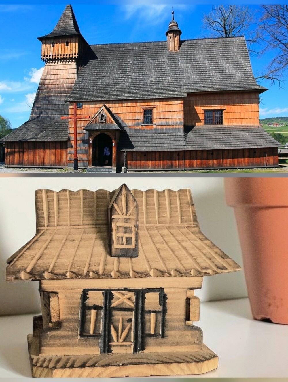 Vintage Hand Carved Wooden Church Bank Box Poland Dębno Church Folk Art 1985